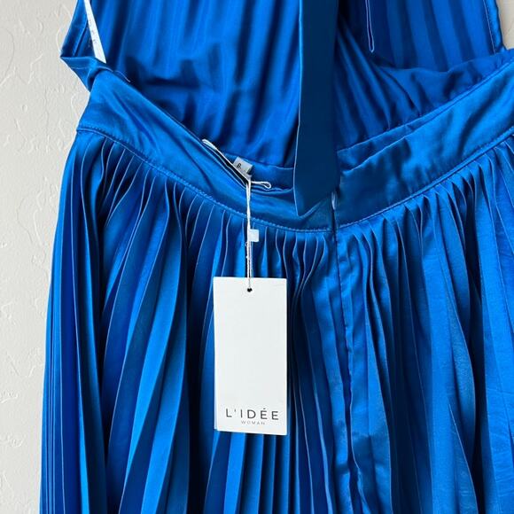 L’IDEE Renaissance Moroccan Blue Pleated Satin Crisscross Halter Mini‎ Dress NWT - Picture 7 of 10